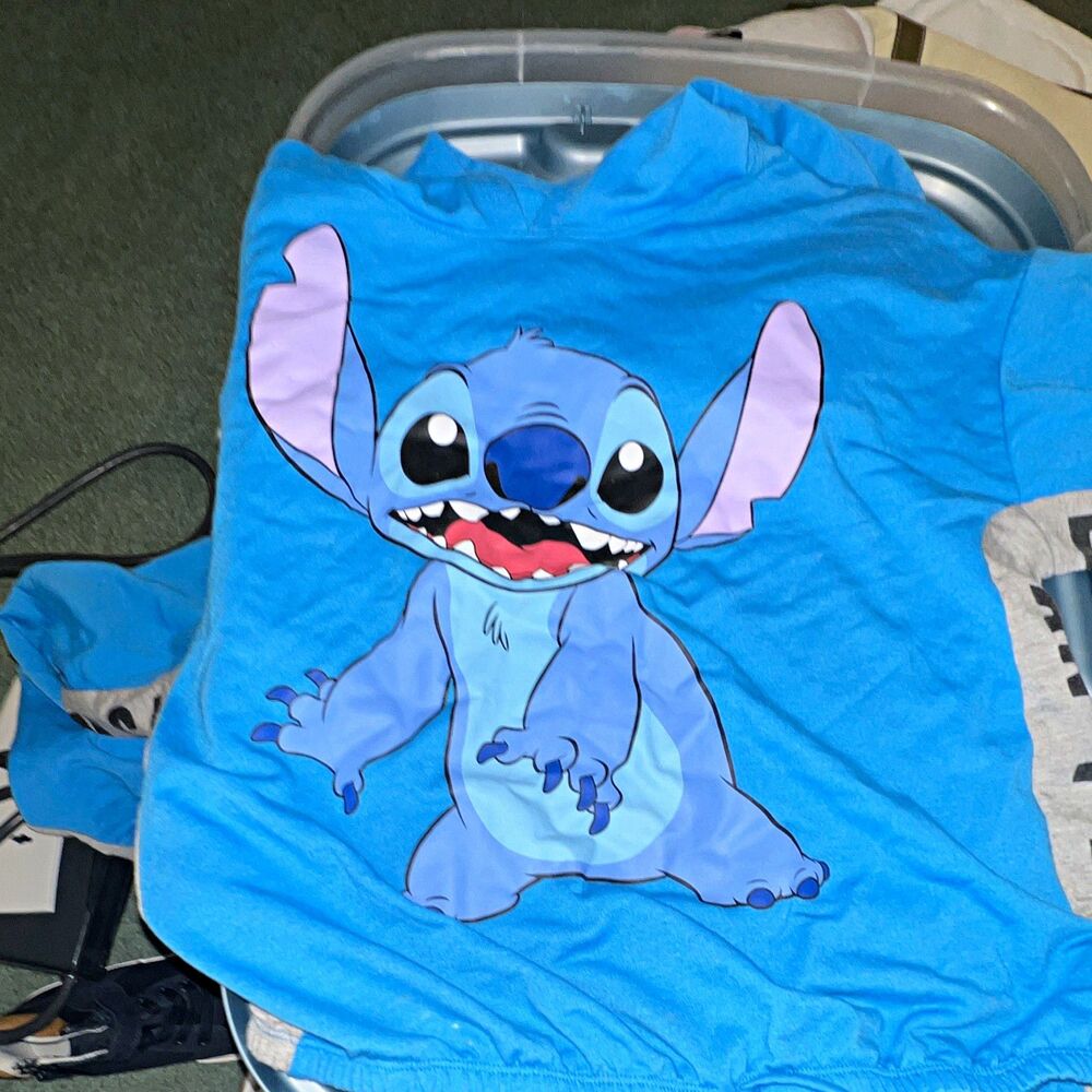 Disney Stitch Graphic Print Blue/Gray Pullover Hoodie Kids L 11-13 Drawstring